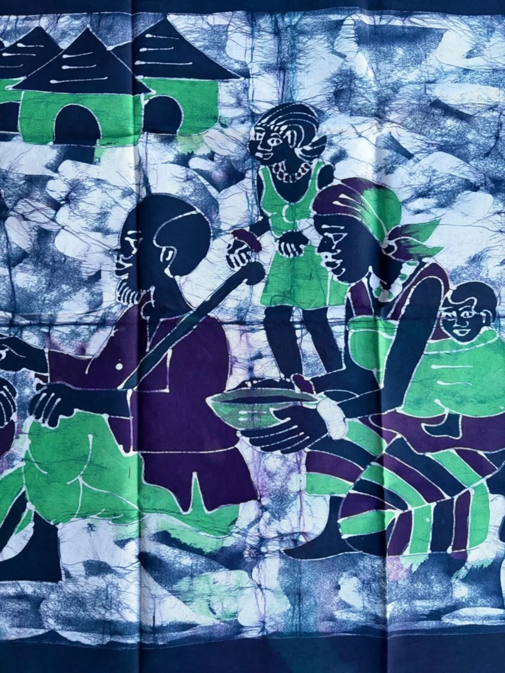 Handcrafted Batik Scene Scarf in Blue, Green & Purple Wall Tapestry